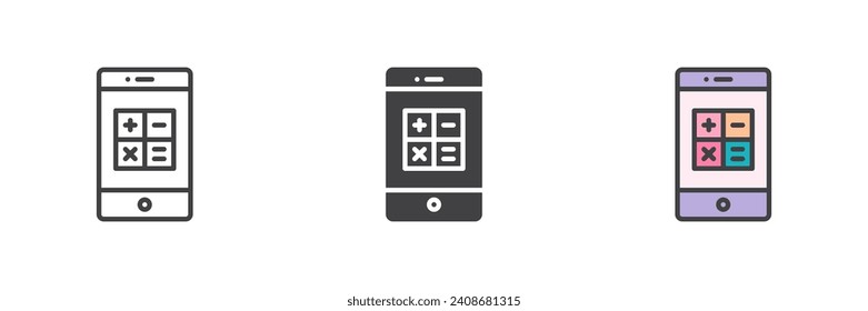 Phone calculator different style icon set. Line, glyph and filled outline colorful version, outline and filled vector sign. Symbol, logo illustration. Vector graphics