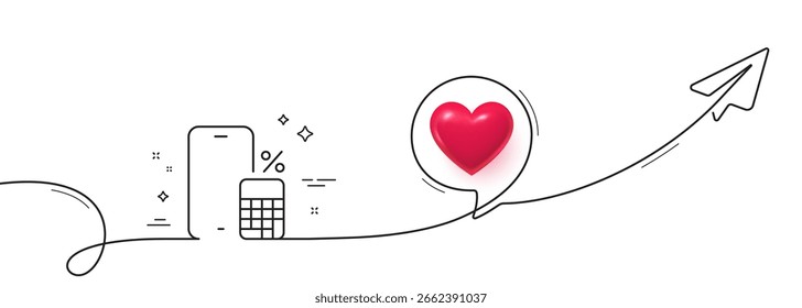 Icono de línea de la calculadora telefónica. Línea continua con plano compartido. Signo de App de smartphone. Símbolo del dispositivo móvil del teléfono móvil. Corazón 3D en la burbuja del discurso. Cinta de una sola línea de la calculadora del teléfono. Vector
