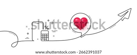 Phone calculator line icon. Continuous line with share plane. Smartphone app sign. Cellphone mobile device symbol. 3d heart in speech bubble. Phone calculator single line ribbon. Vector
