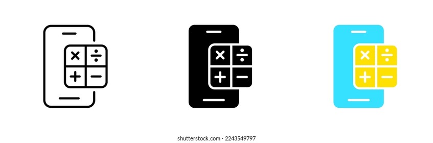 Teléfono con icono de juego de calculadora. Matemáticas, álgebra, más, menos, contabilidad, librería, escuela, educación, futuro de los teléfonos. Icono de vector en línea, estilo negro y colorido sobre fondo blanco