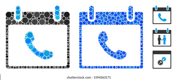Phone calendar day mosaic of circle elements in variable sizes and color tints, based on phone calendar day icon. Vector circle elements are organized into blue composition.