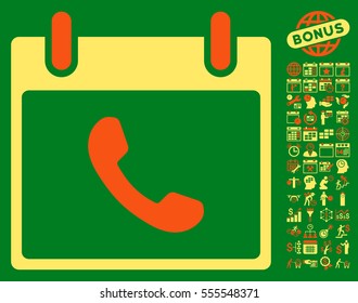 Phone Calendar Day pictograph with bonus calendar and time management clip art. Vector illustration style is flat iconic symbols, orange and yellow, green background.