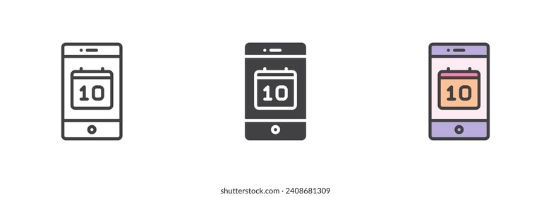Phone calendar different style icon set. Line, glyph and filled outline colorful version, outline and filled vector sign. Mobile phone organizer symbol, logo illustration. Vector graphics