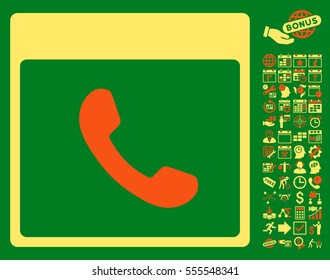 Phone Calendar Page icon with bonus calendar and time management graphic icons. Vector illustration style is flat iconic symbols, orange and yellow, green background.