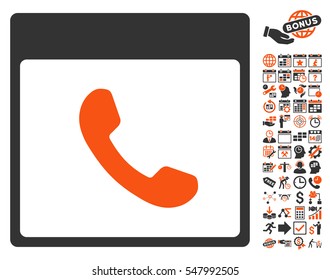 Phone Calendar Page pictograph with bonus calendar and time management icon set. Vector illustration style is flat iconic symbols, orange and gray, white background.