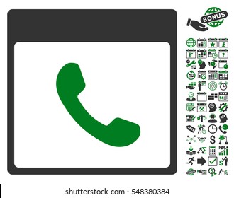 Phone Calendar Page pictograph with bonus calendar and time management pictograms. Vector illustration style is flat iconic symbols, green and gray, white background.