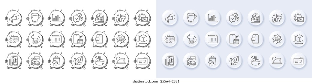 Phone calendar, Versatile and Browser window line icons. White pin 3d buttons, chat bubbles icons. Pack of Loyalty points, Delivery, Info icon. Diagram graph, Web photo, Megaphone pictogram. Vector