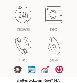 Phone call, 24h service and sound icons. Photo camera linear sign. Calendar, Graph chart and Cogwheel signs. Download colored web icon. Vector