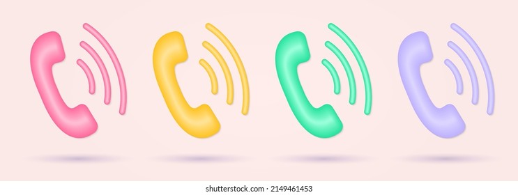 Phone call 3d icon set. Telephone receiver or handset sign. Hotline, support symbol. Vector illustration.