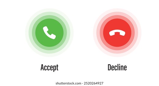 Phone call accept and decline. Icon neon glowing for design element of telephone button, and smartphone dial symbol. Neumorphism style, UI UX design for app and web. Vector illustration.