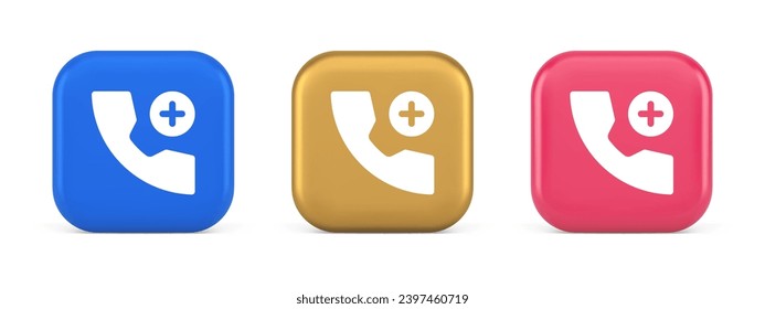 Phone call add contact communication button remotely voice conversation web interface app 3d realistic blue gold and pink icons. Telephone operation info handset with plus cross