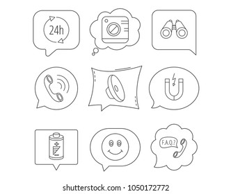 Phone call, battery and faq speech bubble icons. 24h service, photo camera and sound linear signs. Smile and search icons. Linear Speech bubbles with icons set. Comic chat balloon. Vector