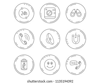 Phone call, battery and faq speech bubble icons. 24h service, photo camera and sound linear signs. Smile and search icons. Linear Circles web buttons with icons. Vector