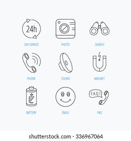 Phone call, battery and faq speech bubble icons. 24h service, photo camera and sound linear signs. Smile and search icons. Linear set icons on white background.