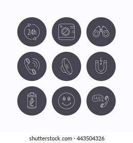 Phone call, battery and faq speech bubble icons. 24h service, photo camera and sound linear signs. Smile and search icons. Flat icons in circle buttons on white background. Vector