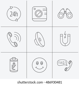 Phone call, battery and faq speech bubble icons.