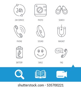 Phone call, battery and faq speech bubble icons. 24h service, photo camera and sound linear signs. Smile and search icons. Video cam, book and magnifier search icons. Vector