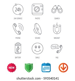 Phone call, battery and faq speech bubble icons. 24h service, photo camera and sound linear signs. Smile and search icons. New tag, shield and calendar web icons. Download arrow. Vector