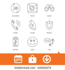 Phone call, battery and faq speech bubble icons. 24h service, photo camera and sound linear signs. Smile and search icons. Download arrow, locker and calendar web icons. Vector