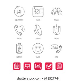Phone call, battery and faq speech bubble icons. 24h service, photo camera and sound linear signs. Smile and search icons. Report document, Graph chart and Calendar signs. Laptop and Check web icons