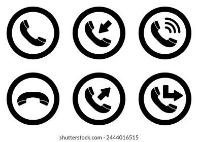 Phone call black outline vector icons set. Answer and decline symbols. Incoming and outgoing call signs. Talking and redirect buttons.