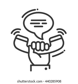 Phone call business single isolated modern vector line design icon with hand holding receiver and speech bubble