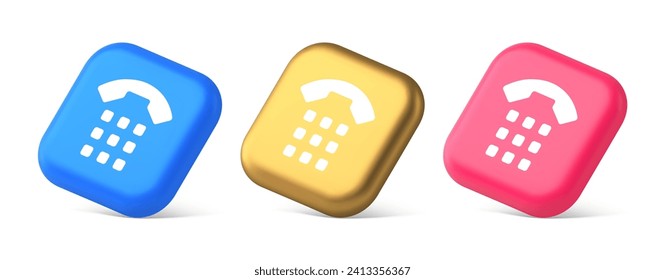 Phone call button application handset mobile contact communication 3d realistic blue gold and pink icons. Retro telephone customer support service hotline helpline internet technology