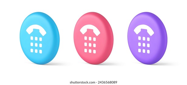 Phone call button application handset mobile contact communication 3d realistic blue pink and purple icons. Retro telephone customer support service hotline helpline internet technology