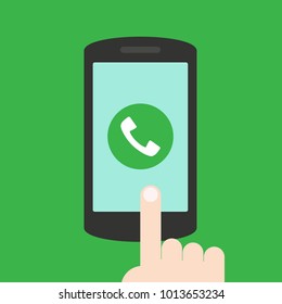 Phone call button on smartphone screen. Finger touching screen. Answer the call. Modern concept for web banners, web sites, infographics. Flat design vector illustration.