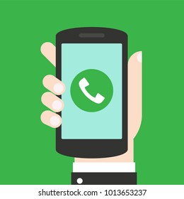 Phone call button on smartphone screen. Hand holding smartphone. Answer the call. Modern concept for web banners, web sites, infographics. Flat design vector illustration.
