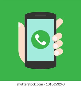 Telefonanruf-Taste auf Smartphone-Bildschirm. Hand, die Smartphone hält. Beantworte den Anruf. Modernes Konzept für Webbanner, Webseiten, Infografiken. Flaches design, Vektorgrafik.
