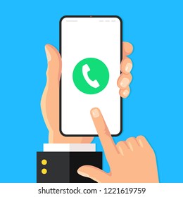 Phone call. Call button on smartphone screen. Hand holding mobile phone, finger touching screen. Modern flat design. Vector illustration