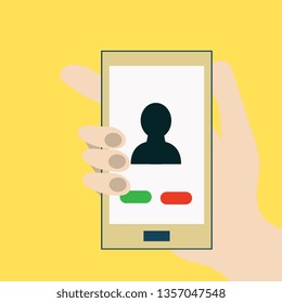 Phone call button on smartphone screen. Hand holding smartphone, finger touching screen. Answer the call. Modern concept for web banners, web sites, infographics. Flat design vector illustration.