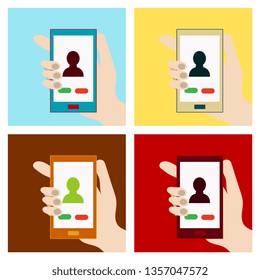 Phone call button on smartphone screen. Hand holding smartphone, finger touching screen. Answer the call. Modern concept for web banners, web sites, infographics. Flat design vector illustration.