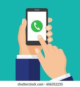 Phone Call Button On Smartphone Screen.  Mobile Phone Call Consept. Hand Holding Smartphone, Finger Touching Screen. Answer The Call. Creative Flat Design Vector Illustration.