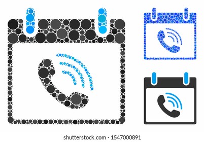 Phone call calendar day composition of small circles in various sizes and shades, based on phone call calendar day icon. Vector filled circles are united into blue composition.