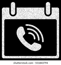 Phone Call Calendar Day grainy textured icon for overlay watermark stamps. Flat symbol with dirty texture. Dotted vector white ink rubber seal stamp with grunge design on a black background.