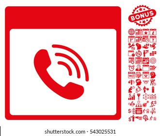 Phone Call Calendar Page icon with bonus calendar and time management images. Vector illustration style is flat iconic symbols, red, white background.