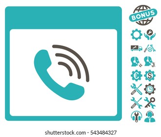 Phone Call Calendar Page pictograph with bonus service pictures. Vector illustration style is flat iconic symbols, grey and cyan, white background.
