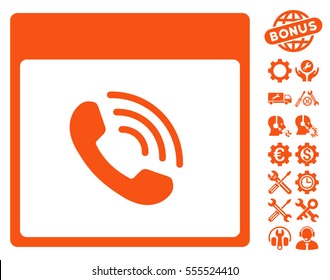 Phone Call Calendar Page pictograph with bonus options pictograms. Vector illustration style is flat iconic symbols, orange, white background.