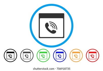 Phone Call Calendar Page vector rounded icon. Image style is a flat gray icon symbol inside a blue circle. Additional color versions are grey, black, blue, green, red, orange.