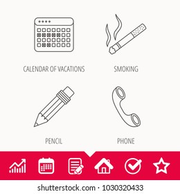 Phone call, calendar of vacations and pencil icons. Smoking linear sign. Edit document, Calendar and Graph chart signs. Star, Check and House web icons. Vector