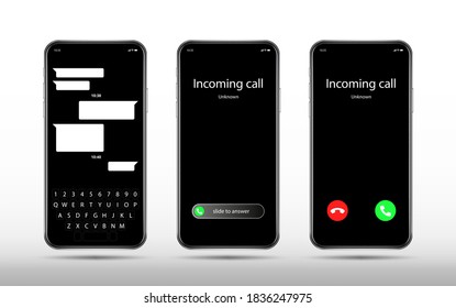 Phone call and chat screen. Realistic smartphone mockup, incoming call. Accept decline button and slider, mobile keyboard vector template