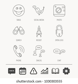 Phone call, chat speech bubble and photo camera icons. Social media, smile and rocket linear signs. Education book, Graph chart and Chat signs. Attention, Calendar and Cogwheel web icons. Vector