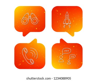 Phone call, chat speech bubble and binoculars icons. Rocket linear sign. Orange Speech bubbles with icons set. Soft color gradient chat symbols. Vector
