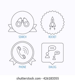 Phone call, chat speech bubble and binoculars icons. Rocket linear sign. Award medal, star label and speech bubble designs. Vector