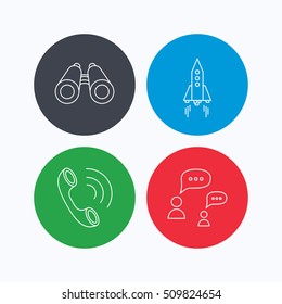 Phone call, chat speech bubble and binoculars icons. Rocket linear sign. Linear icons on colored buttons. Flat web symbols. Vector