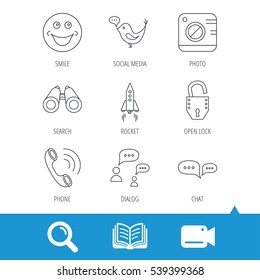 Phone call, chat speech bubble and photo camera icons. Social media, smile and rocket linear signs. Video cam, book and magnifier search icons. Vector