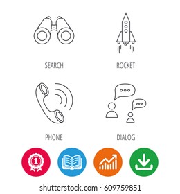 Phone call, chat speech bubble and binoculars icons. Rocket linear sign. Award medal, growth chart and opened book web icons. Download arrow. Vector