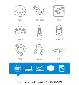 Phone call, chat speech bubble and photo camera icons. Social media, smile and rocket linear signs. Report file, Graph chart and Chat speech bubble signs. Laptop and Calendar web icons. Vector